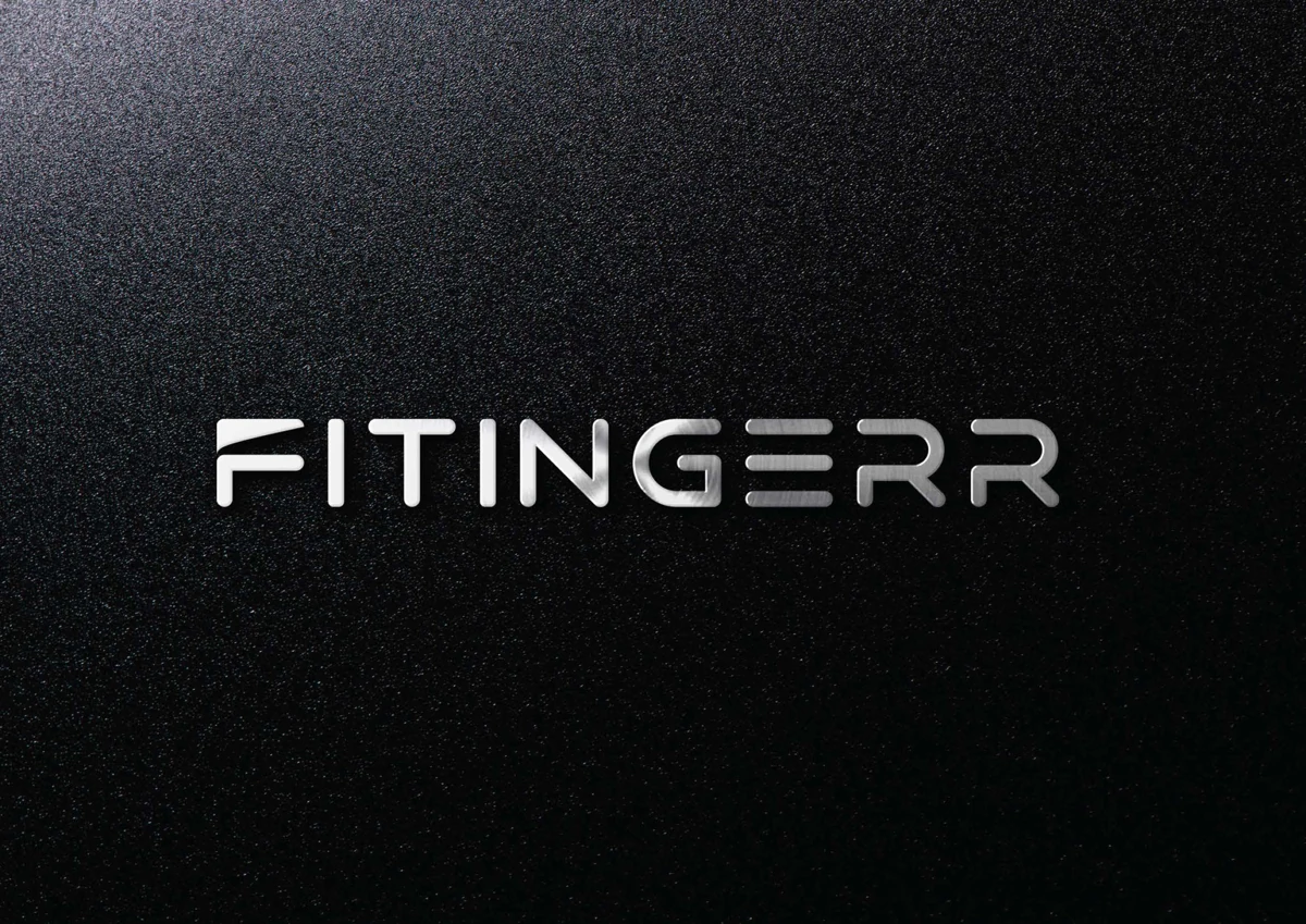 Silver geometric FITINGERR wordmark on a textured black background