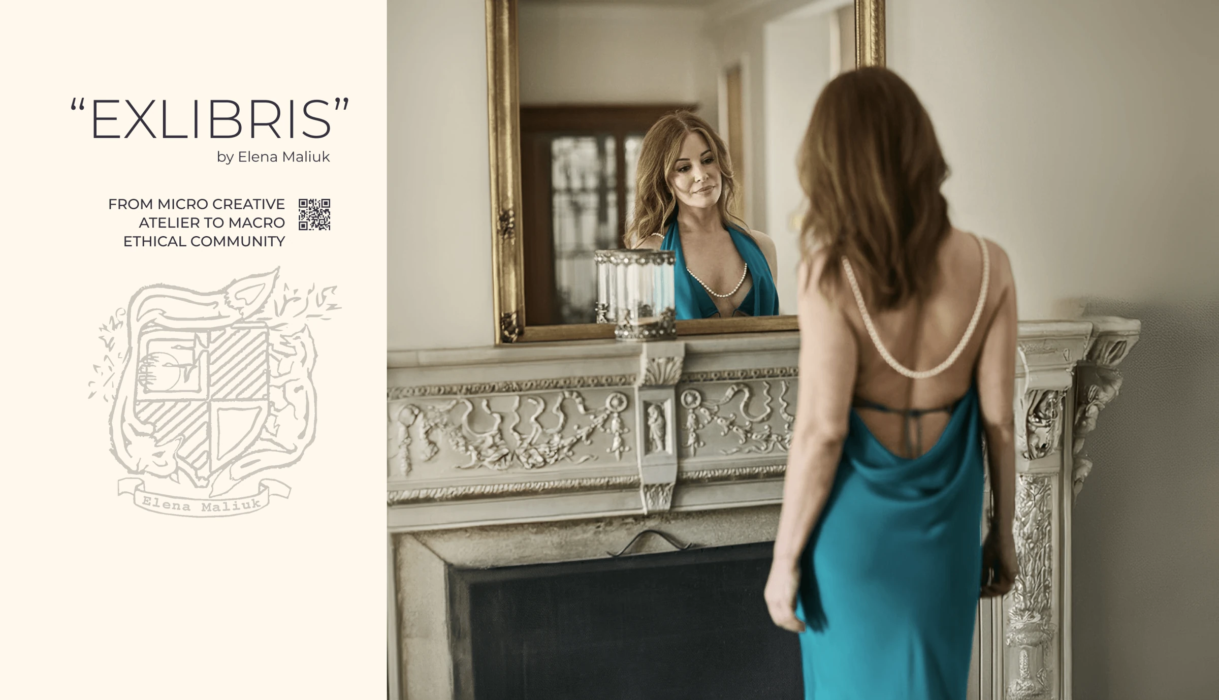 EXLIBRIS by Elena Maliuk portfolio composition with an illustrated emblem and a teal dress beside an ornate mirror