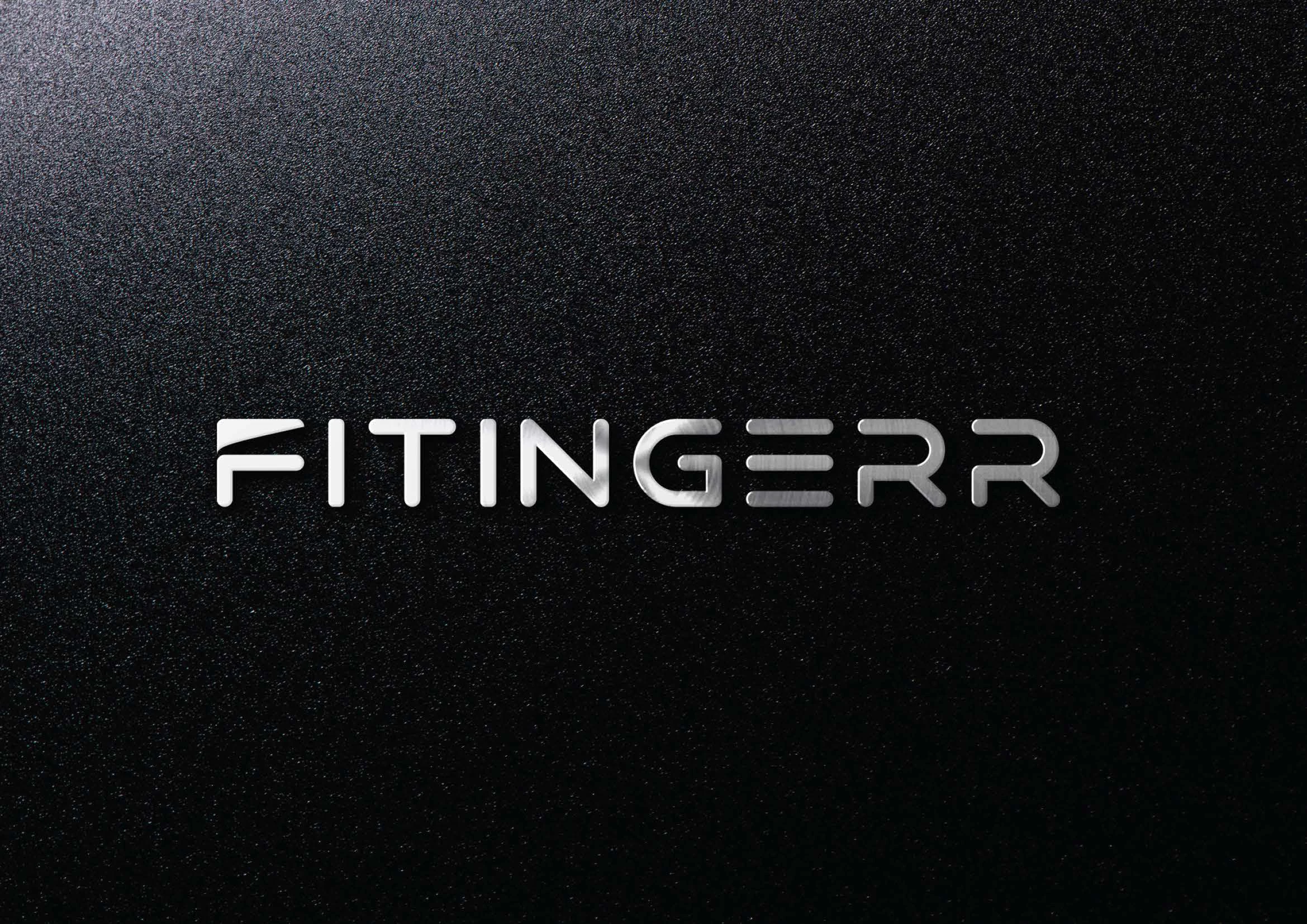 Silver geometric FITINGERR wordmark on a textured black background