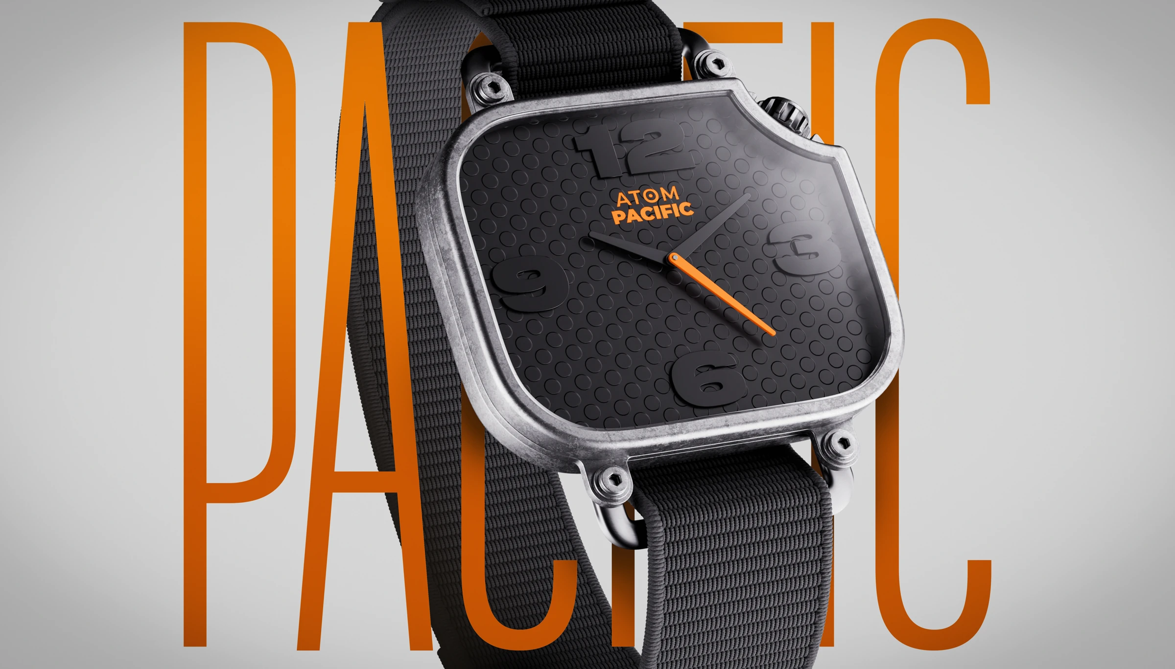 Atom Pacific black square-faced watch with orange hands in front of oversized orange PACIFIC typography