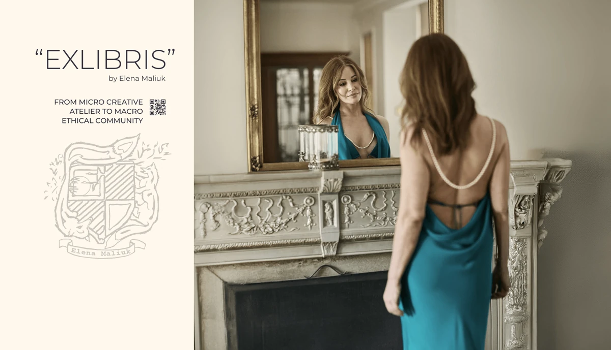 EXLIBRIS by Elena Maliuk portfolio composition with an illustrated emblem and a teal dress beside an ornate mirror